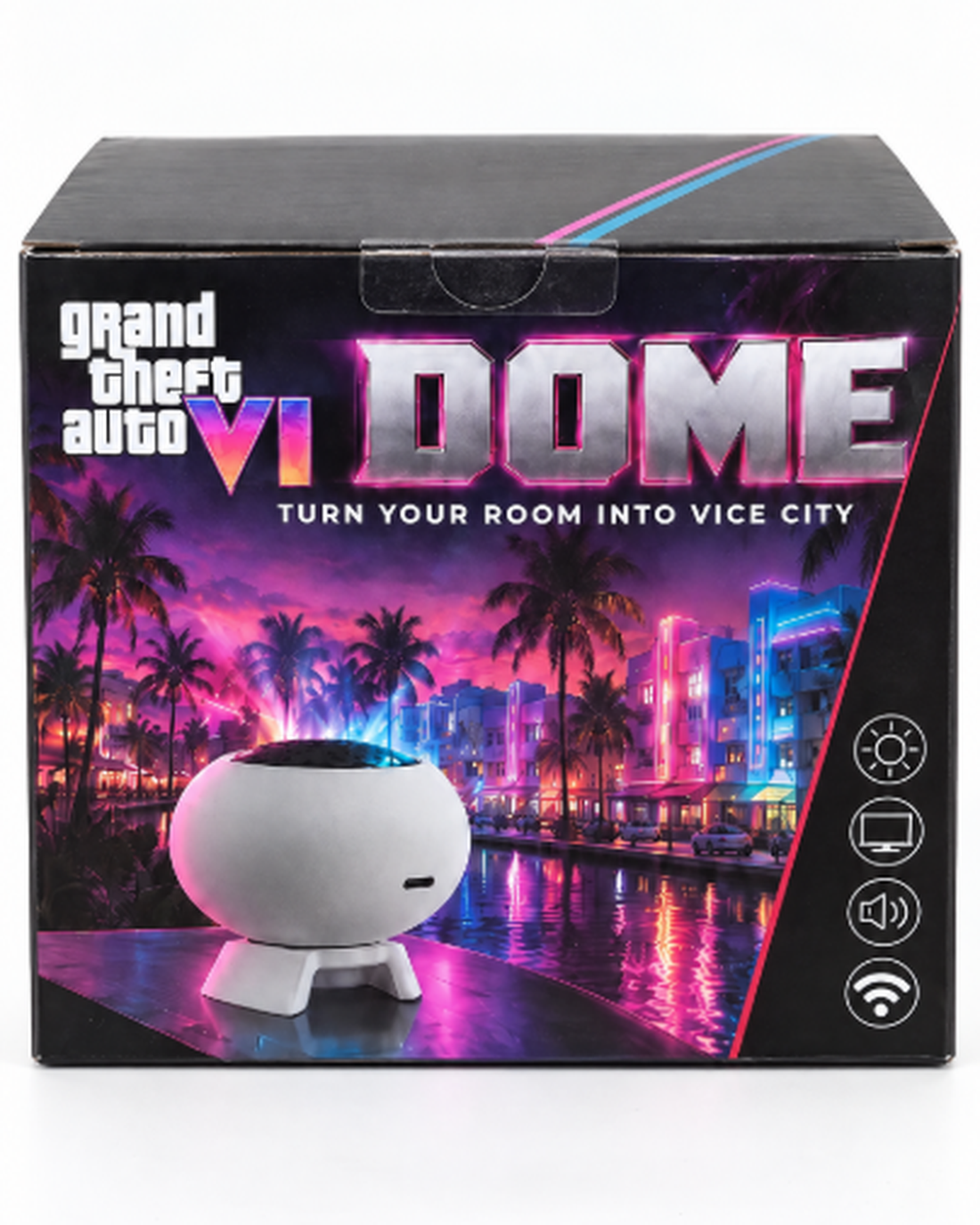 Dome projector glowing on a table with a neon city skyline across the room